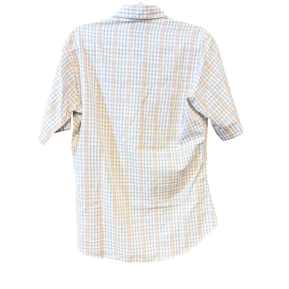 Vintage 1989 Levis White Tab Plaid Short Sleeve Shirt Made in USA Blue Tan Men M